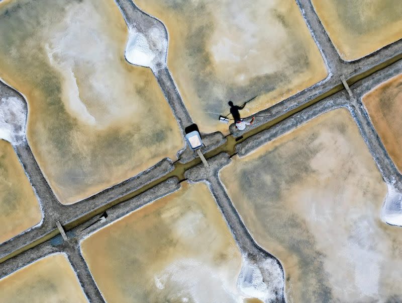 Salt maker Francois Durand harvests sea salt from a salt pan in Le Pouliguen, France