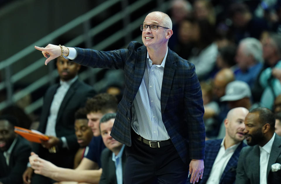 Dec 10, 2022; Storrs, Connecticut, USA; UConn Huskies head coach Dan Hurley watches from the sideline as they take on the Long Island Sharks in the first half at Harry A. Gampel Pavilion. Mandatory Credit: David Butler II-USA TODAY Sports