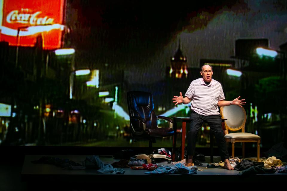 Video projections enhance a scene with Carl Palmer as former Los Angeles police chief Daryl Gates in "Twilight: Los Angeles, 1992" at American Repertory Theater in Cambridge.
