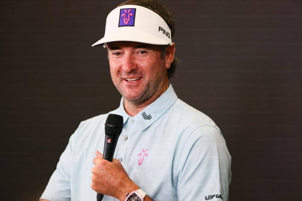 Apr 3, 2024; Miami, Florida, USA; Bubba Watson talks to reporters during a LIV Golf Miami practice round at Trump National Doral. Mandatory Credit: Sam Navarro-USA TODAY Sports