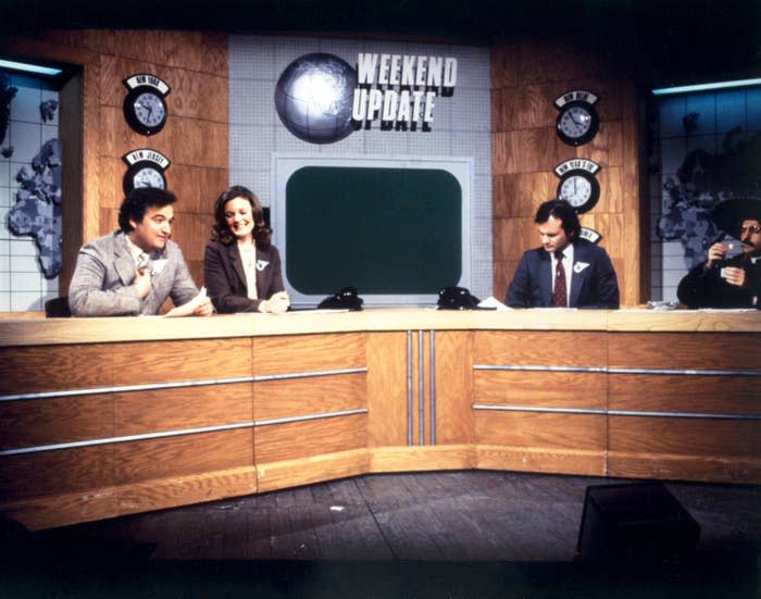 (L-R) John Belushi, Jane Curtin and Bill Murray on "Saturday Night Live"