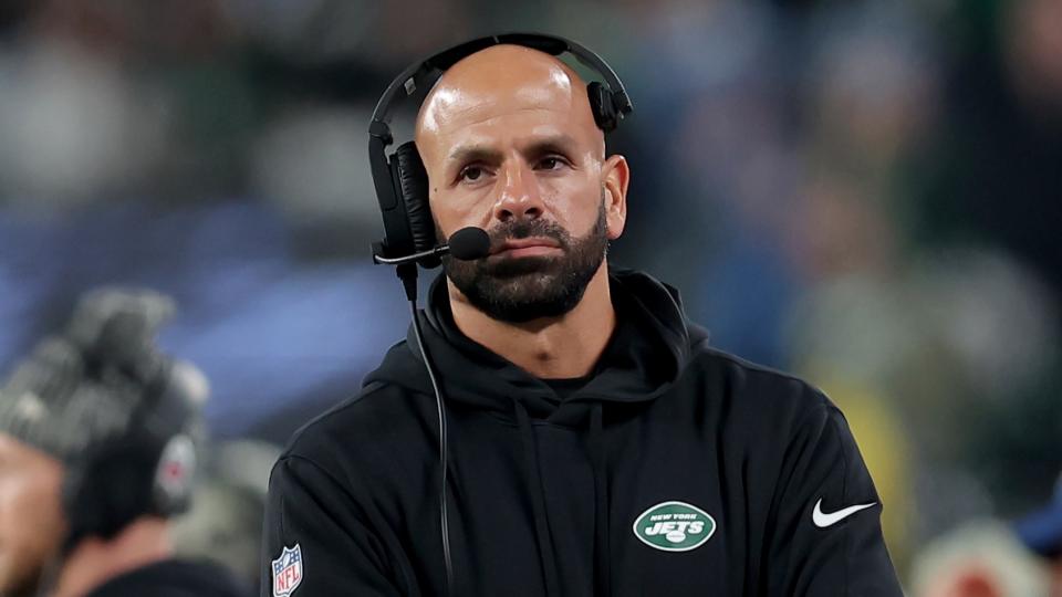 Nov 6, 2023; East Rutherford, New Jersey, USA; New York Jets head coach Robert Saleh reacts during the fourth quarter against the Los Angeles Chargers at MetLife Stadium. Mandatory Credit: Brad Penner-USA TODAY Sports