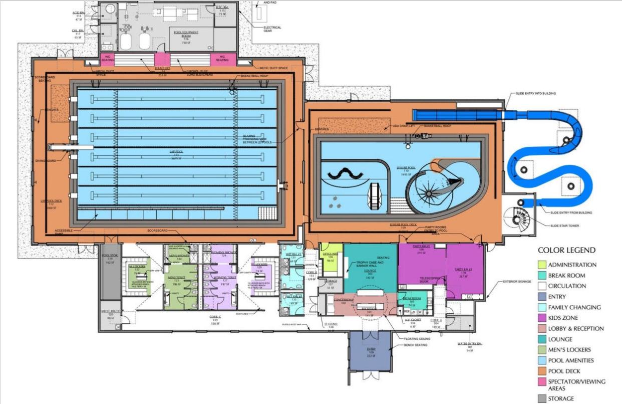 The Pueblo West Aquatics Center design calls for a $9.7 million facility featuring a six-lane lap pool and a separate pool with a kids zone and a lazy river as well as a unique slide feature that winds its way outside the building.
