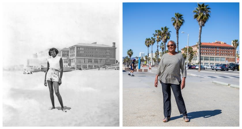 L: Cristyne Lawson at the beach 1953 Photograph from the Cristyne Lawson Collection featured in essay, "Reconstruction and Reclamation: The Erased African American Experience in Santa Monica's History," Belmar History + Art project (2020) by Alison Rose Jefferson and in the BH+A history interpretative exhibition panels. R: SANTA MONICA, CA - MARCH 01, 2021- Cristyne Lawson posing for a picture at the same location that she had her picture taken at Bay Street Beach in 1953. She was born into Santa Monica's once thriving Black community in 1935. She went on to train at Julliard in dance, performed nationally and abroad with Martha Graham and Alvin Ailey dance troupes, and later became dean of dance at CalArts. Her grandfather, Rev. James Stout, was the firt pastor of Santa Monica's first Black church, the Phillips Chapel Colored Methodist Episcopal (CME) Church, (later renamed as the Christian Methodist Episcopal Church) which is just a block from where she lives today. (Ricardo DeAratanha / Los Angeles Times)