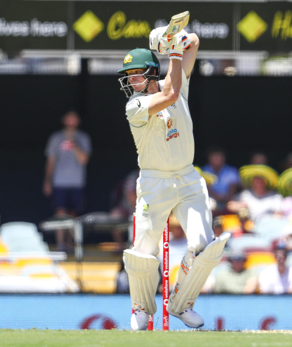 Australia's Steve Smith bats during play on the first day of the fourth cricket test between India and Australia at the Gabba, Brisbane, Australia, Friday, Jan. 15, 2021. (AP Photo/Tertius Pickard)
