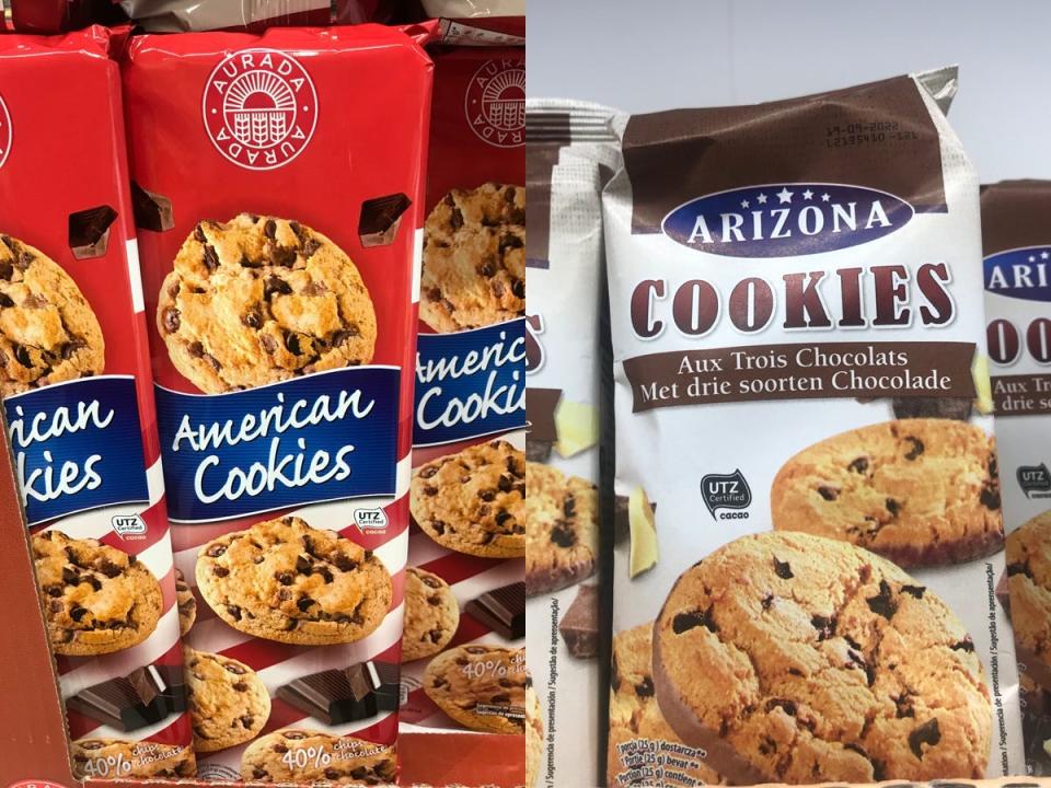 Two different brand of "American" and "Arizona" cookies at Spain grocery story