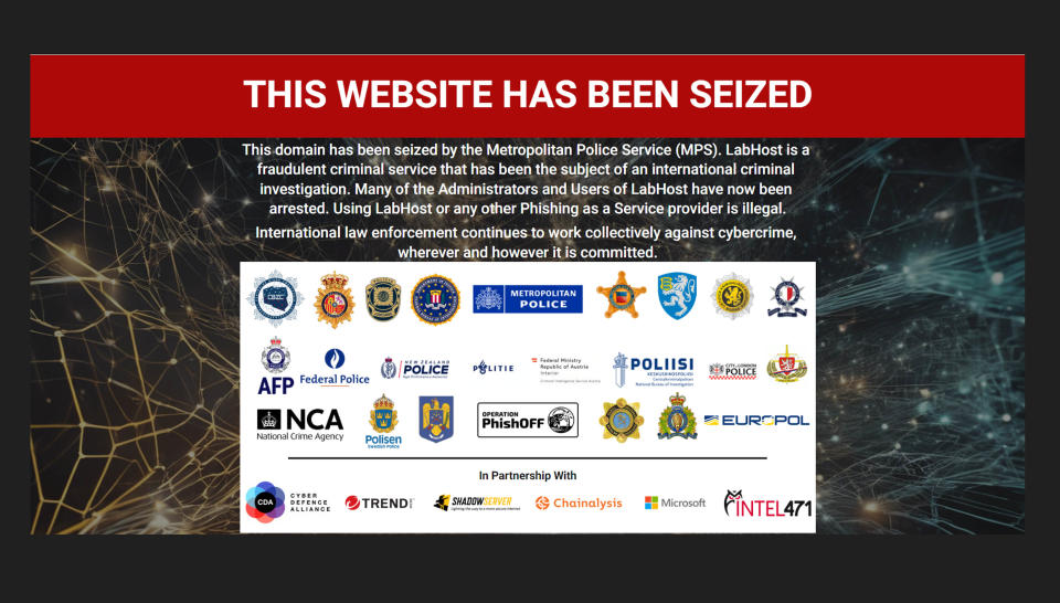 What appears when visiting a LabHost website seized by police. (Metropolitan Police/PA) 