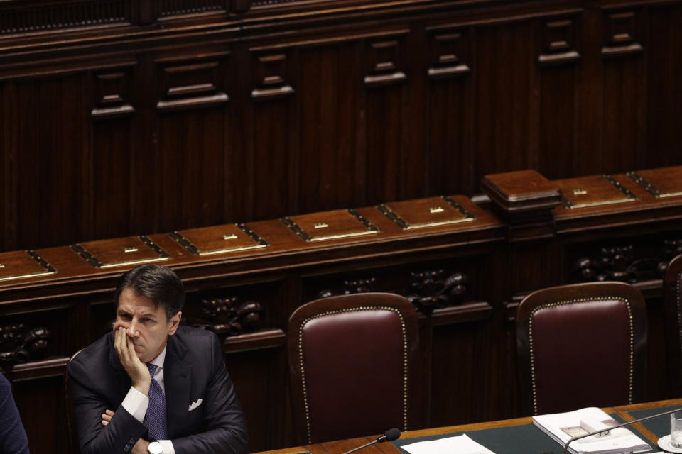 Italian Premier Giuseppe Conte sits as he attends the parliament debate ahead of confidence vote later at the Lower Chamber in Rome, Monday, Sept. 9, 2019. Conte is pitching for support in Parliament for his new left-leaning coalition ahead of crucial confidence votes. (AP Photo/Gregorio Borgia)