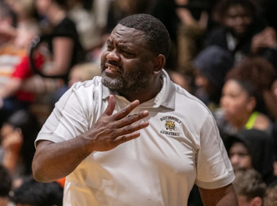 Buchholz head coach Elliot Harris coaches as Buchholz takes on Gainesville in the Class 6A-District 4 Final at Buchholz High School in Gainesville, FL on Saturday, February 10, 2024. [Alan Youngblood/Gainesville Sun]