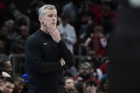 Chicago Bulls head coach Billy Donovan reacts as he watches his team during the second half of an NBA basketball game against the Atlanta Hawks in Chicago, Monday, April 1, 2024. (AP Photo/Nam Y. Huh)