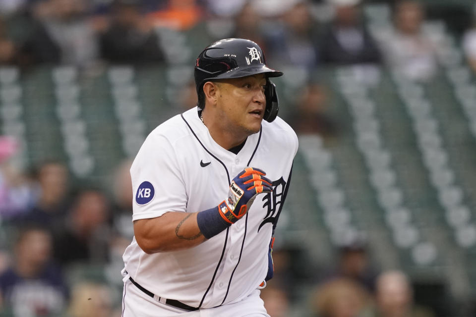 Detroit Tigers designated hitter Miguel Cabrera runs to first for an RBI single during the second inning of a baseball game against the Cleveland Guardians, Thursday, May 26, 2022, in Detroit. (AP Photo/Carlos Osorio)