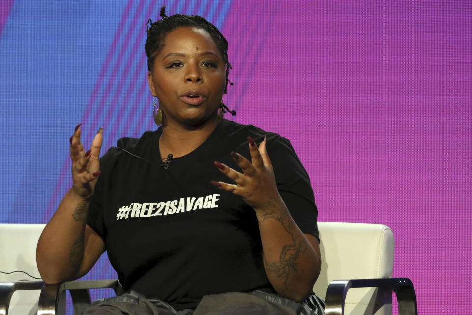 FILE - In this Feb. 11, 2019, file photo, Patrisse Cullors, Black Lives Matter co-founder, participates in the "Finding Justice" panel during the BET presentation at the Television Critics Association Winter Press Tour at The Langham Huntington in Pasadena, Calif. The Black Lives Matter Global Network Foundation, which grew out of the creation of the Black Lives Matter movement, is formally expanding a $3 million financial relief fund that it quietly launched in February 2021, to help people struggling to make ends meet during the ongoing coronavirus pandemic. “This came from a collective conversation with BLM leadership that Black folks are being hurt the most financially during the pandemic,” Cullors told The Associated Press. (Photo by Willy Sanjuan/Invision/AP, File)