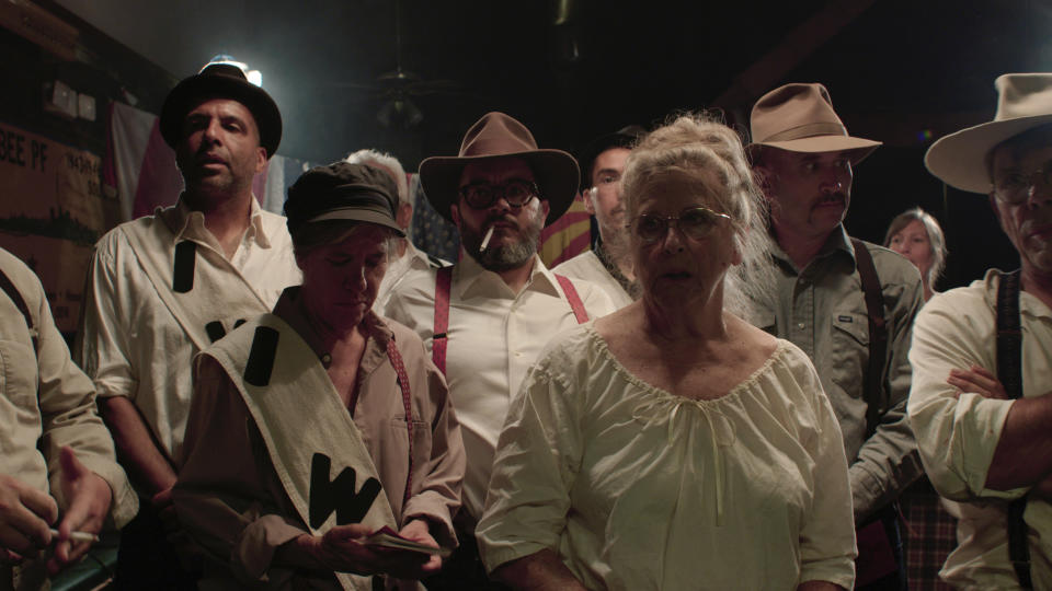 This undated photo provided by 4th Row Films shows a meeting of striking miners and union organizers in "Bisbee '17," a story of how some 1,200 miners, most of them immigrants, were pulled violently from their homes in Bisbee, Ariz., by a private police force and put on cattle cars for deportation to a desolate area of New Mexico in 1917. The dark history of Bisbee was largely an open secret for decades in the funky old copper town just seven miles north of the U.S.-Mexico border. It's the sixth film of director Robert Greene, who said he learned about the town southeastern Arizona around 15 years ago. (Jarred Alterman/4th Row Films via AP)