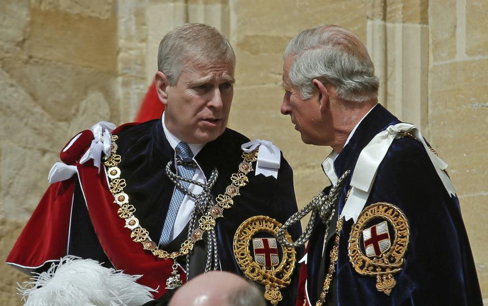 WINDSOR, ENGLAND - JUNE 15:  Prince Andrew, Duke of York and Prince Charles, Prince of Wales attend the Order of the Garter Service at St George's Chapel in Windsor Castle on June 15, 2015 in Windsor, England. The Order of the Garter is the most senior and the oldest British Order of Chivalry and was founded by Edward III in 1348.  (Photo by Peter Nicholls - WPA Pool /Getty Images)