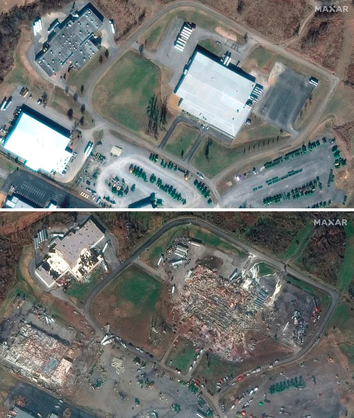 Image: Satellite images show the Mayfield Consumer Products candle factory and other nearby buildings before, on Jan. 28, 2017, and after, Dec. 11, 2021, the tornado struck. (MAXAR Technologies via Reuters)