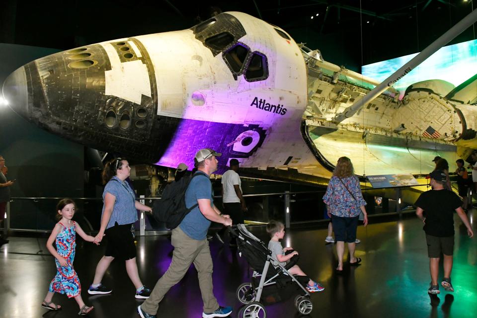 The Space Shuttle Atlantis is pictured here in its permanent retirement home. This photo was taken during the 10-year anniversary celebration of the Space Shuttle Atlantis exhibit opening.