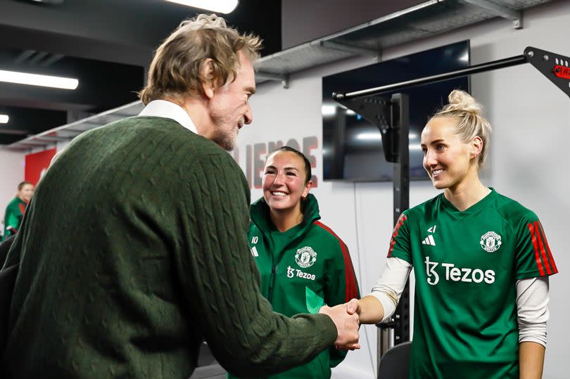Sir Jim Ratcliffe of INEOS meets Katie Zelem and Millie Turner of Manchester United Women in the gymnasium within the new Women's Team building at Carrington Training Complex on January 03, 2024 in Manchester, England