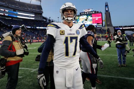 FILE PHOTO: Jan 13, 2019; Foxborough, MA, USA; Los Angeles Chargers quarterback Philip Rivers (17) walks off of the field after the Chargers loss to the New England Patriots in an AFC Divisional playoff football game at Gillette Stadium. Mandatory Credit: David Butler II-USA TODAY Sports