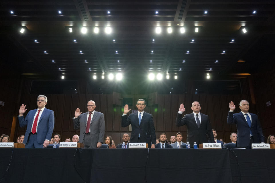 From left, Chris Fonzone, General Counsel at the Office of the Director of National Intelligence, George Barnes, Deputy Director of the National Security Agency (NSA), David Cohen, Deputy Director of the Central Intelligence Agency (CIA), Paul Abbate, Deputy Director of the Federal Bureau of Investigation (FBI), and Matt Olsen, Assistant Attorney General of the National Security Division of the Department of Justice, are sworn in before testifying at a Senate Judiciary Oversight Committee hearing to examine Section 702 of the Foreign Intelligence Surveillance Act and related surveillance authorities, Tuesday, June 13, 2023, on Capitol Hill in Washington. (AP Photo/Jacquelyn Martin)