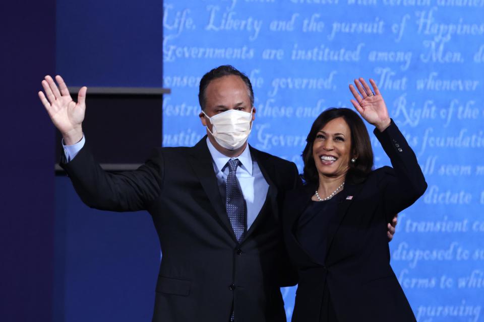 Democratic vice presidential nominee Kamala Harris joins her husband, Douglas Emhoff, after  the vice presidential debate.