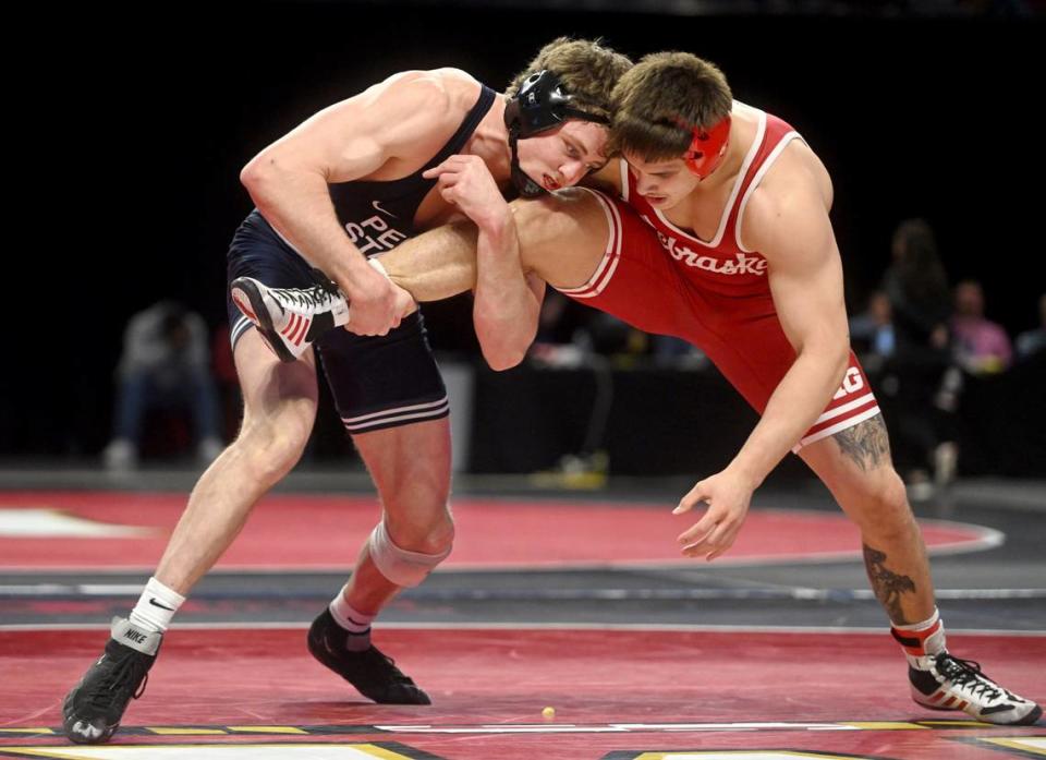 Penn State’s Bernie Truax controls Nebraska’s Lenny Pinto in a 184 lb semifinal bout of the Big Ten Wresting Championships at the Xfinity Center at the University of Maryland on Saturday, March 9, 2024. Abby Drey/adrey@centredaily.com