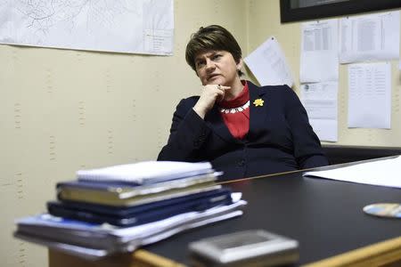 DUP leader Arlene Foster is interviewed by Reuters at the DUP office in Omagh, Northern Ireland February 24, 2017. REUTERS/Clodagh Kilcoyne