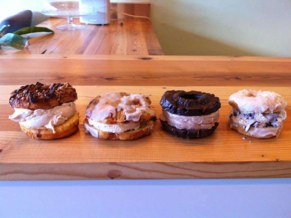 <p>Donut halves filled with gelato? Yes, please. This <a href="http://blackdogchicago.com/#/portfolio/flavors/" rel="nofollow noopener" target="_blank" data-ylk="slk:Chicago-based shop" class="link rapid-noclick-resp">Chicago-based shop</a> already has a diverse flavor menu, but mixed with a wide range of donuts the possibilities are endless. Customers have seen doughnut-gelato pairs like chocolate sprinkles with sesame fig, red velvet and cajeta, and lemon and blueberry French toast. <a href="http://blackdogchicago.com/#/portfolio/flavors/" rel="nofollow noopener" target="_blank" data-ylk="slk:Black Dog Gelato" class="link rapid-noclick-resp">Black Dog Gelato</a> also offers sandwiches with their maple bacon doughnuts, which are thin and rectangular and topped with – you guessed it – a strip of bacon.</p><p><i>Photo: Courtesy of Black Dog Gelato</i></p>