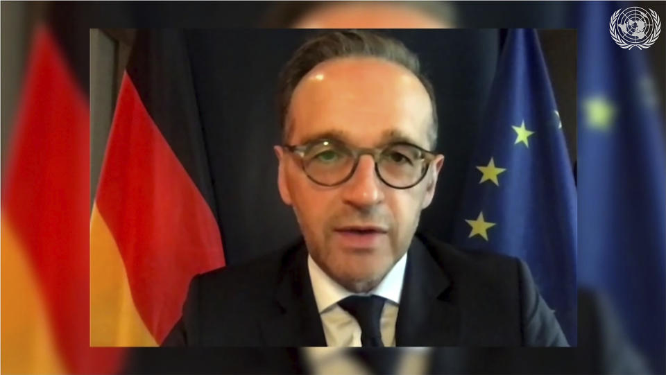 In this image made from UNTV video, Heiko Maas, Foreign Minister of Germany, speaks in a pre-recorded message which was played during the 75th session of the United Nations General Assembly, Tuesday, Sept. 29, 2020, at U.N. headquarters in New York. (UNTV via AP)