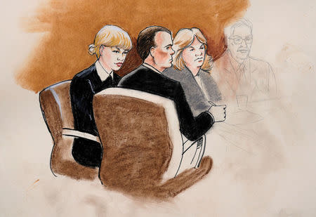 FILE PHOTO: A sketch of Taylor Swift and her attorneys in Denver Federal Court during the Swift groping trial in Denver U.S. August 8, 2017. Sketch from August 9, 2017. REUTERS/Jeff Kandyba/File Photo NO RESALES. NO ARCHIVE.