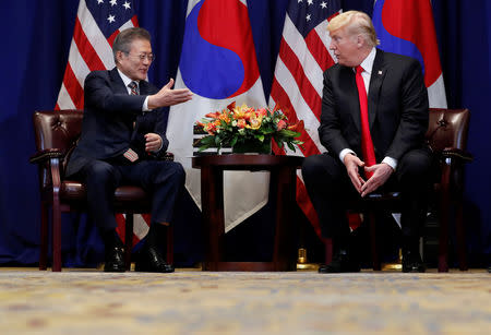 FILE PHOTO - U.S. President Donald Trump holds a bilateral meeting with South Korean President Moon Jae-in on the sidelines of the 73rd United Nations General Assembly in New York, U.S., September 24, 2018. REUTERS/Carlos Barria