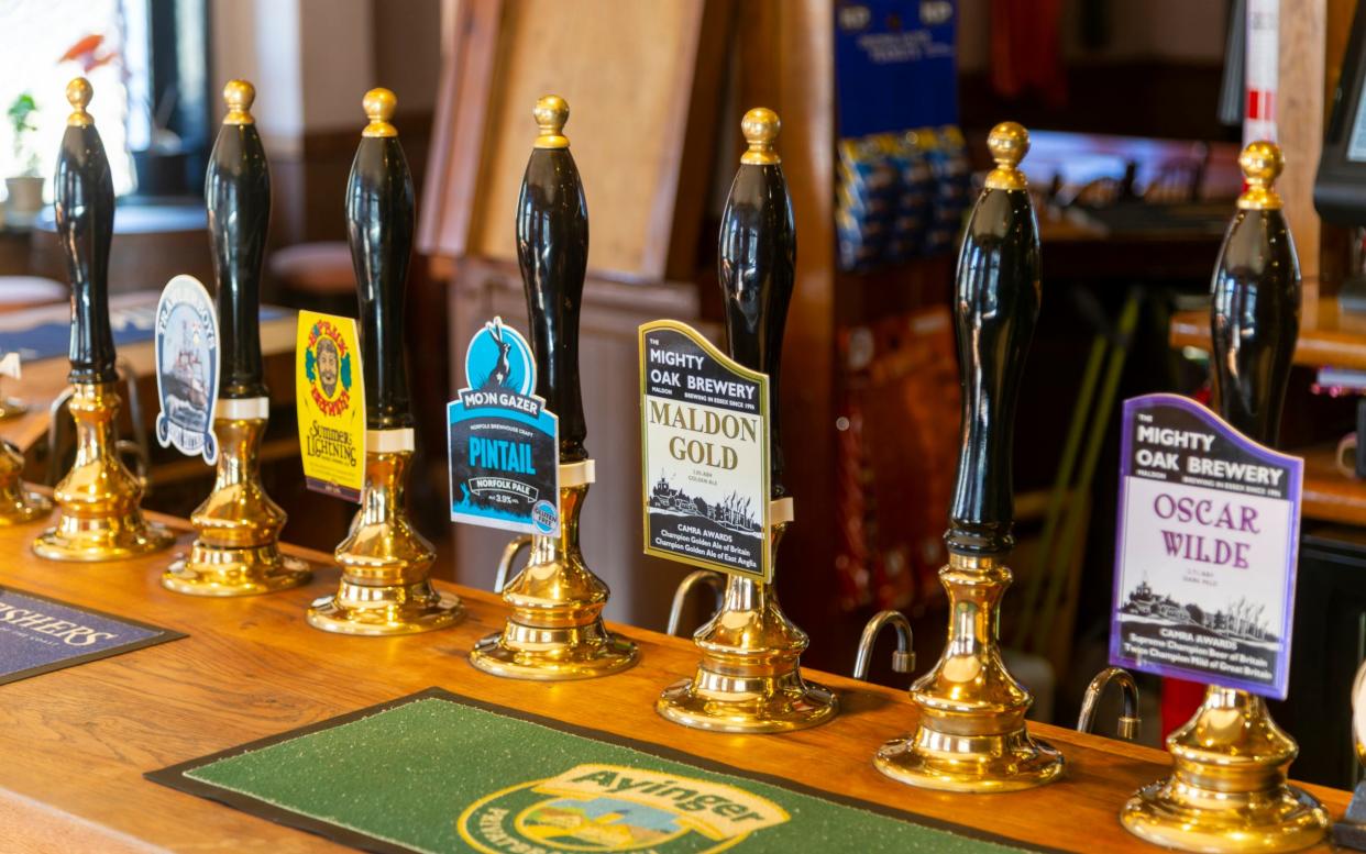 Line of cask beers real ales on bar at Stanford Arms pub, Lowestoft, Suffolk, England, UK. )