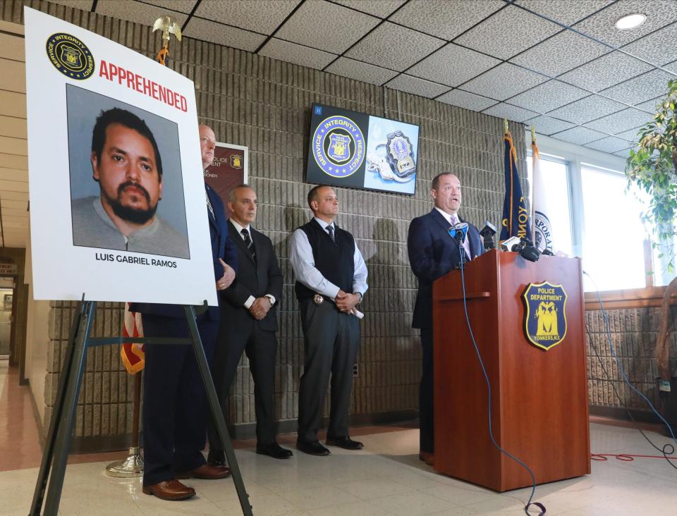 Police Commissioner John Mueller announces the arrest of Luis G. Ramos for the murder of Isabella Triano, 70, and Trisha Miller, 38 during a press conference at Yonkers Police Headquarters on Wednesday, November 3, 2021.