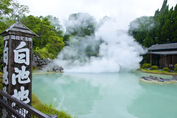 Mandatory Credit: Photo by JTB Photo/UIG/REX/Shutterstock (5197977a) Japan, Kyushu Region, Oita Prefecture, Beppu-shi, Smoke over wooden house in hot spring. VARIOUS