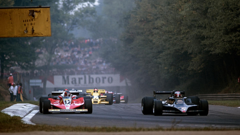 Mario Andretti (right) and Ferrari's Gilles Villeneuve duel during the 1978 Italian Grand Prix at Monza.