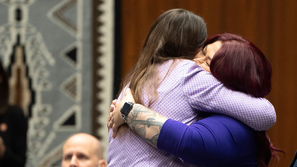 Arizona state Rep. Stephanie Stahl Hamilton, left, hugs Arizona state Sen. Anna Hernandez after the state House voted to repeal the 1864 abortion law at the state Capitol in Phoenix on April 24, 2024. - Rebecca Noble/Reuters