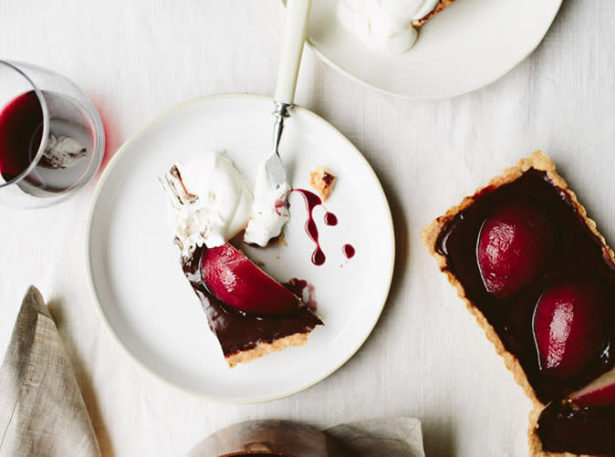 Red Wine Poached Pear and Chocolate Tart