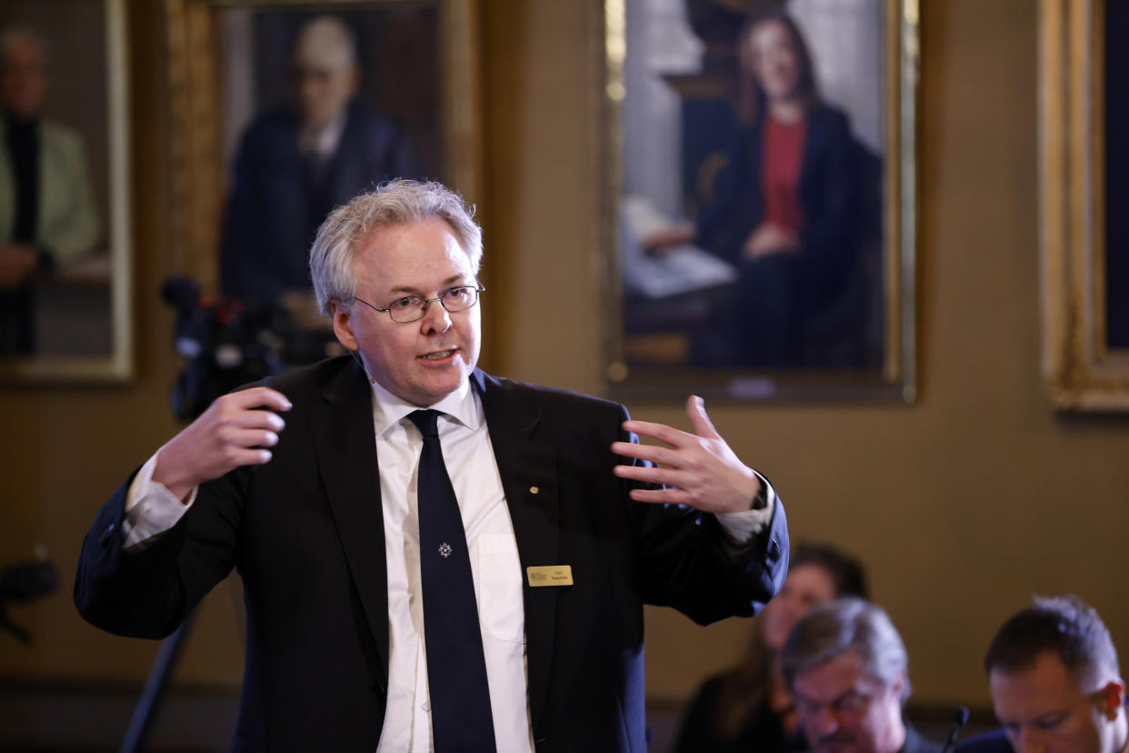 Professor Olof Ramstrom, member of the Nobel Committee for Chemistry, speaks during the press conference to announce the winners of the 2022 Nobel Prize in Chemistry, at the Royal Swedish Academy of Sciences in Stockholm, Sweden, Wednesday, Oct. 5, 2022. The winners of the 2022 Nobel Prize in chemistry are Caroline R. Bertozzi of the United States, Morten Meldal of Denmark and K. Barry Sharpless of the United States. (Christine Olsson /TT News Agency via AP)