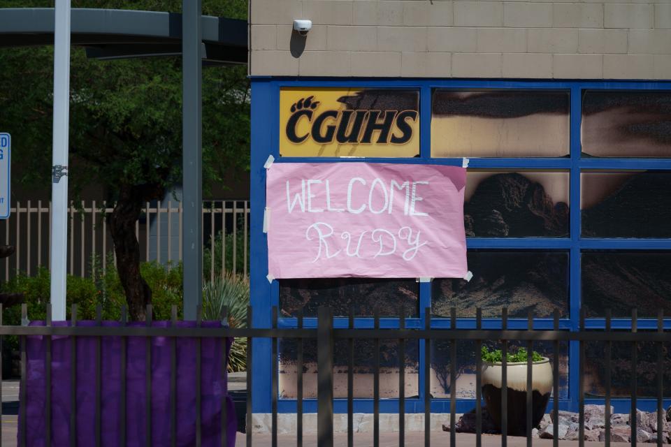 A sign reading "Welcome Rudy" hangs at Casa Grande High School as the school welcomes ÒRudy" Ruettiger to speak on Sept. 7, 2023, in Casa Grande.