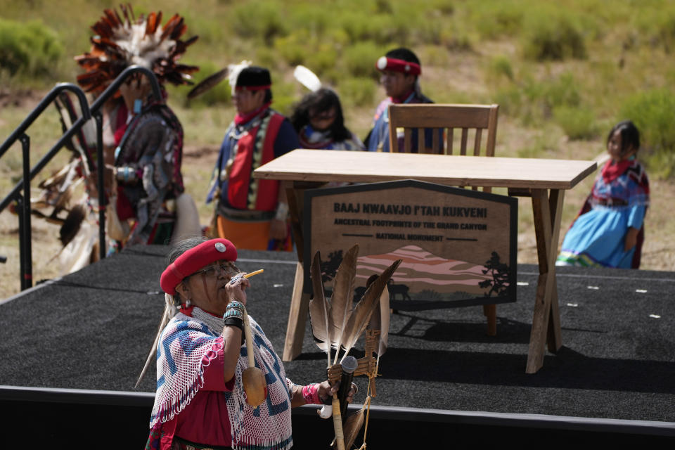 Havasupai Dancers give a Cultural performance before President Joe Biden speaks at the Red Butte Airfield Tuesday, Aug. 8, 2023, in Tusayan, Ariz. (AP Photo/John Locher)