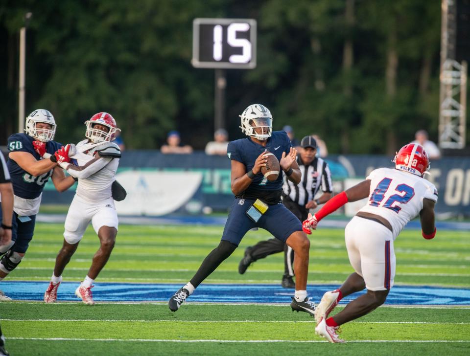 West Florida quarterback PeeWee Jarrett runs down field during the Gulf South Conference opener against West Georgia at Pen Air Field at the University of West Florida Saturday, September 23, 2023.