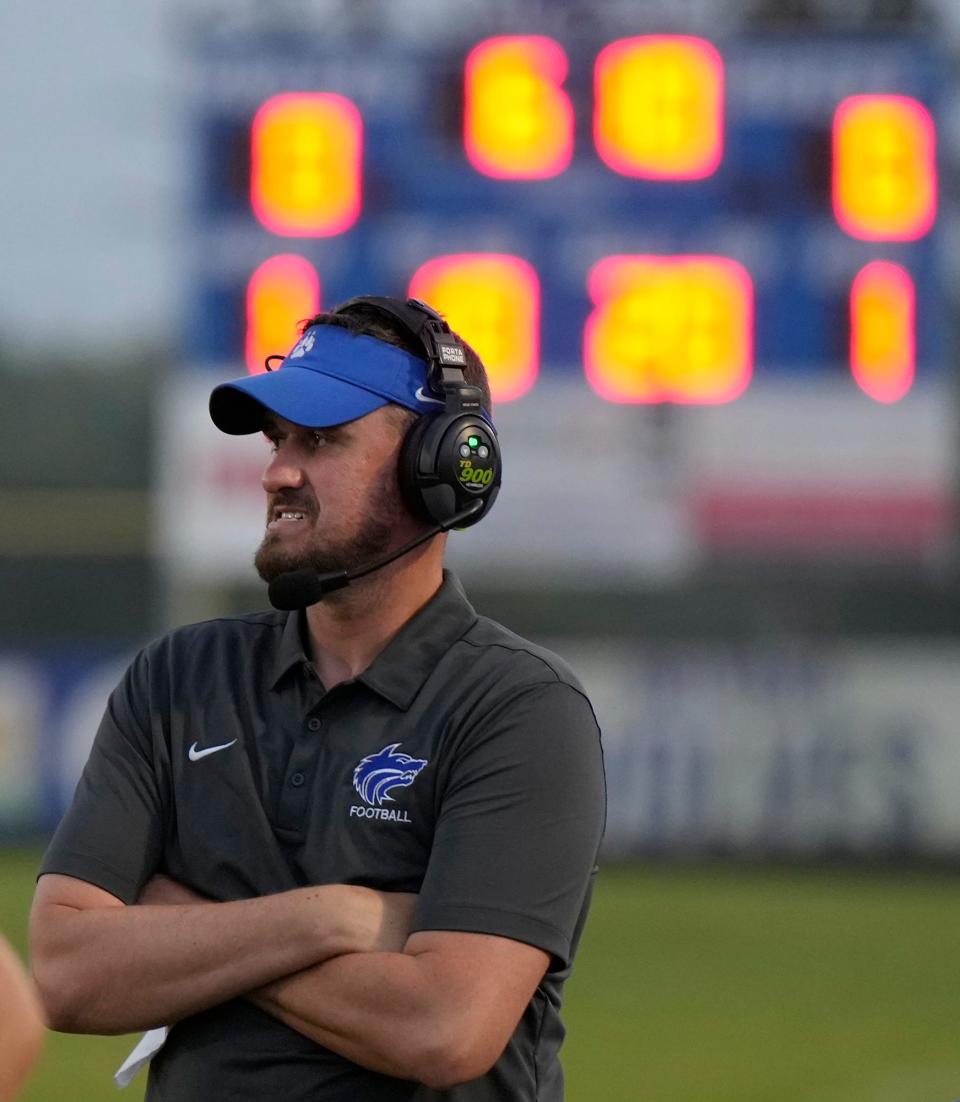 Deltona coach Matt Martin looks on during a game with Matanzas at Deltona High School in Deltona, Monday, Oct. 2, 2023. Martin's squad fell to 0-6 with a Friday loss to DeLand.