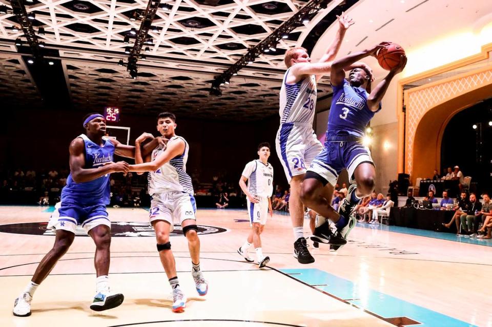 Adou Thiero drives to the basket and draws a foul against Tec de Monterrey during Kentucky’s second game of its August trip to the Bahamas.