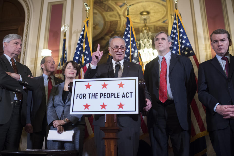 Senate Democrats introduced the Senate version of the For the People Act (S. 1) on Tuesday. In 2019, Senate Minority Leader Chuck Schummer (center) first introduced the bill. (Photo: Tom Williams/CQ Roll Call via Getty Images)