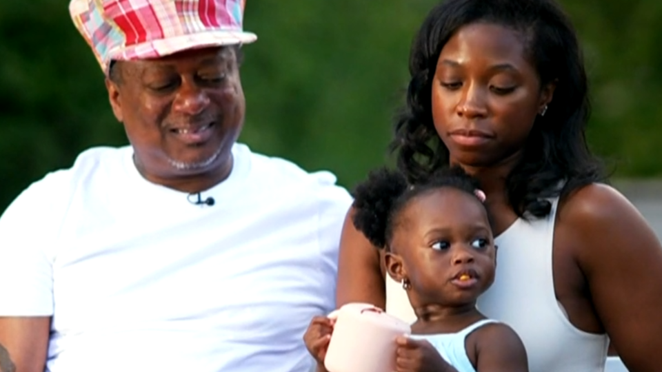 Kermit Ruffins, his girlfriend, Harmonese Pleasant, and their daughter, Blossom, speak to CBS Mornings. / Credit: CBS News