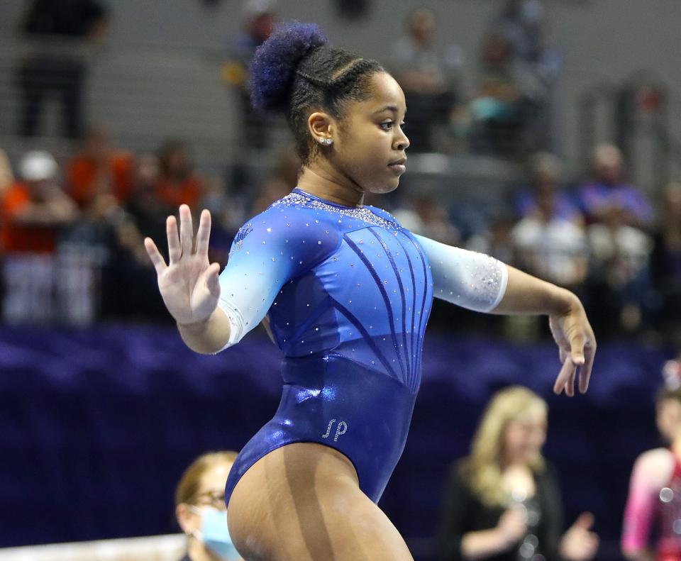 University of Florida gymnast Sloane Blakely performs her floor routine during a meet against the Oklahoma at the Exactech Arena in Gainesville, Feb. 25, 2022. The No.3 Florida Gators beat the No. 2 Oklahoma Sooners.