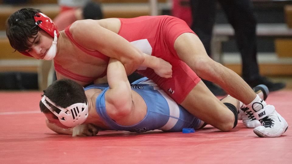 Delsea's Greyson Pettit controls Wayne Valley's Alex Holdfeld during the 106 lb. bout of the state Group 3 wrestling semifinal held at Delsea Regional High School on Friday, February 9, 2024. Pettit defeated Holdfeld by pin.