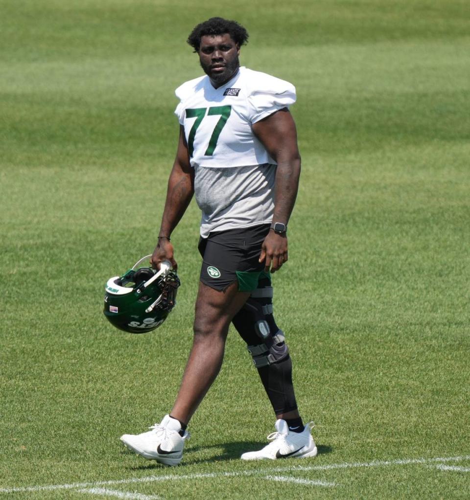 Florham Park, NJ May 31, 2023 -- Offensive tackle Mekhi Becton during the Jets OTA.