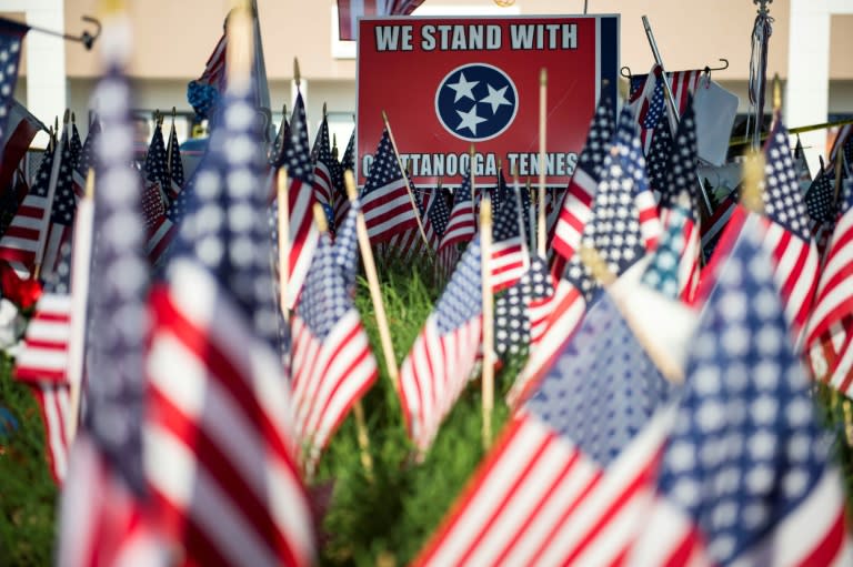 This US Navy photo obtained on August 15, 2015 shows a memorial outside of the Armed Forces Recruiting Center in Chattanooga, Tennessee