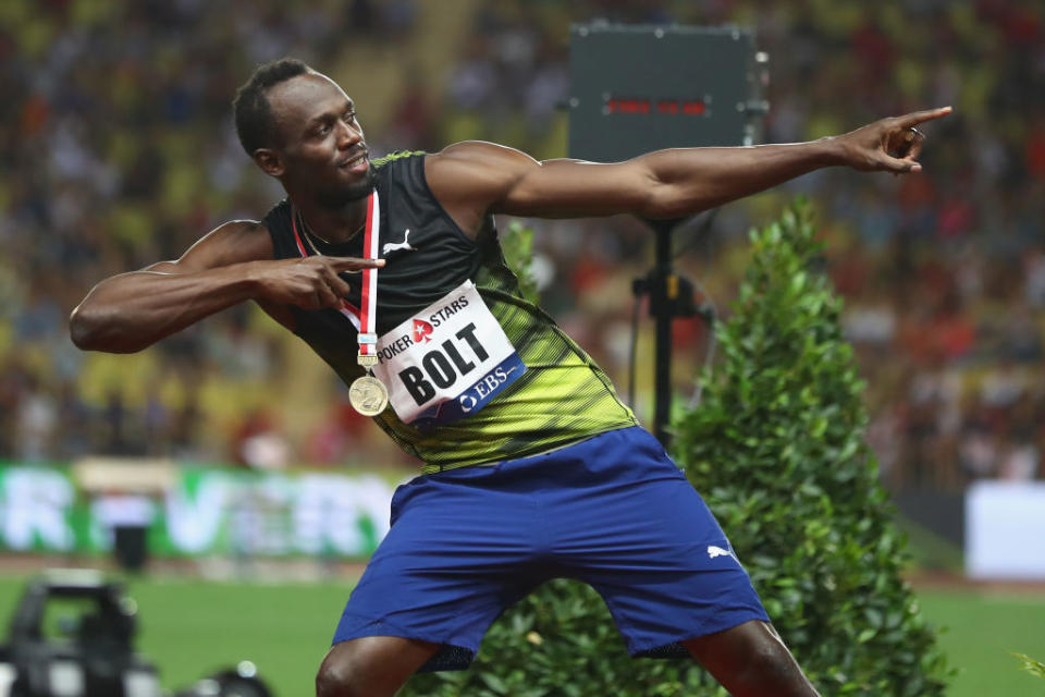 Usain Bolt poses with a gold medal during the IAAF Diamond League Meeting Herculis on July 21, 2017 in Monaco, Monaco.