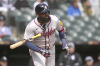 Atlanta Braves' Marcell Ozuna tosses his bat aside after his single off Chicago White Sox starting pitcher Chris Flexen during the fourth inning of a baseball game Monday, April 1, 2024, in Chicago. (AP Photo/Charles Rex Arbogast)